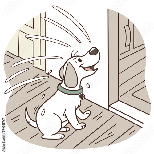 Excited cartoon dog with wagging tail and open mouth anticipating something behind a partially open door indoors on a wooden floor