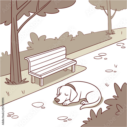 A peaceful white dog sleeps curled up on a park path next to an empty wooden bench under the shade of trees