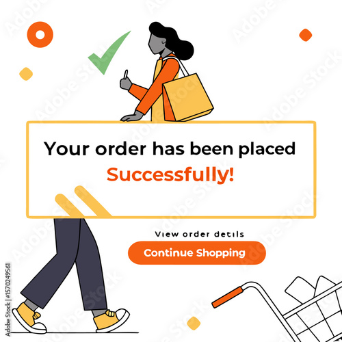 Customer successfully places an order online with a confirmation message and options to view details or continue shopping