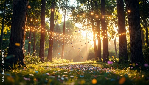 Fototapeta Naklejka Na Ścianę i Meble -  Forest Path with Lights and Confetti at Sunset