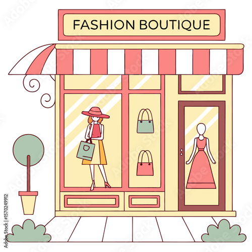 Charming illustration of a fashion boutique storefront featuring a stylish woman with shopping bags in the window display and a mannequin in a dress behind the glass door