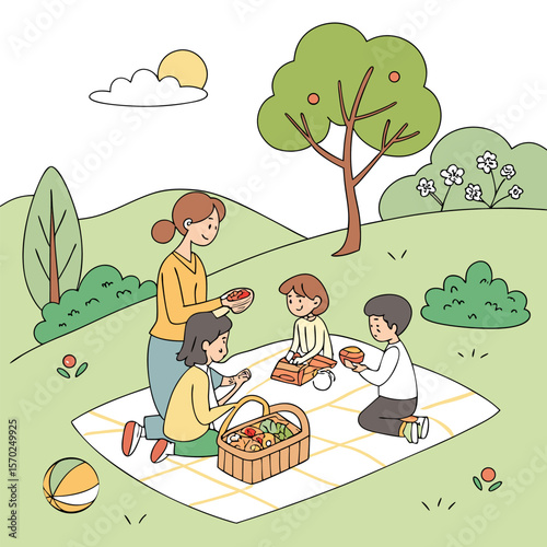 A cheerful mother and her three children enjoy a sunny day picnic together on a checkered blanket in a grassy park with trees and flowers