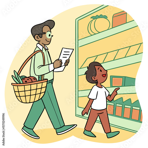 Father and son happily shopping for groceries together checking a list and pointing at items on the shelves in a supermarket aisle