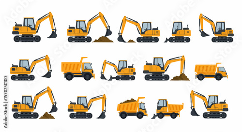 mini excavator vector, Mini Excavator Icon Set Vector Flat
