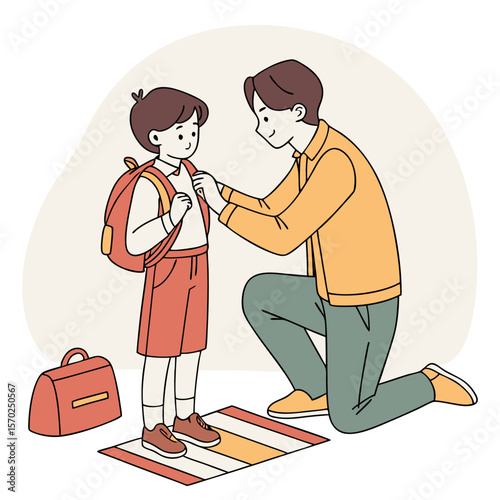 Caring father helps his young son adjust his backpack straps preparing him for a new day of school with love and support