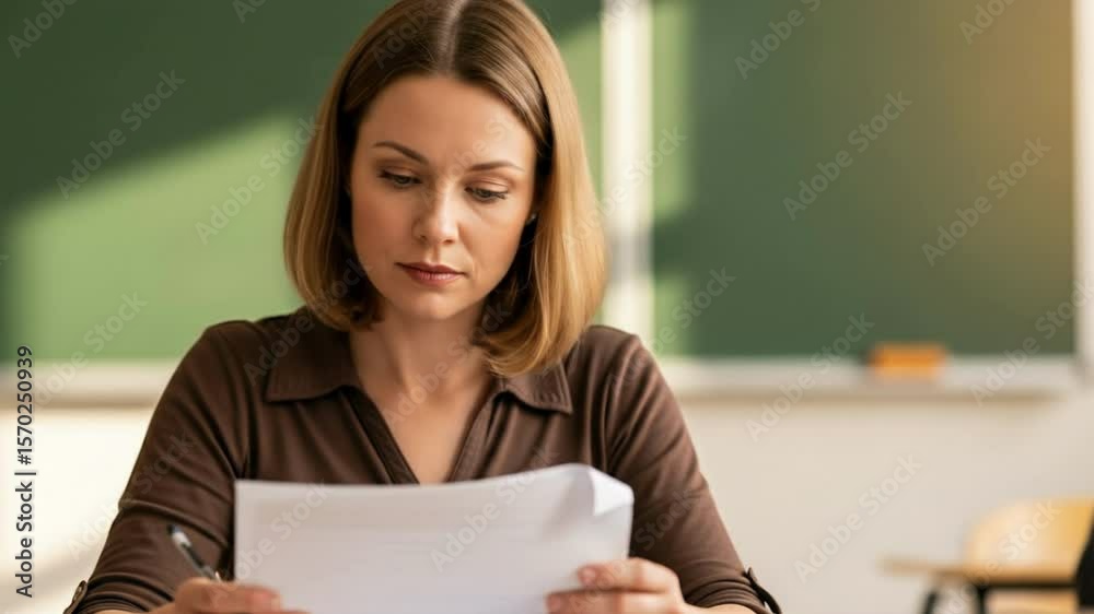 Middle-school teacher annotates lesson notes in empty classroom – calm prep time