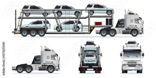 Car carrier trailer, heavy car carrier semi trailer truck carrying fully loaded cars on two vehicle levels from different angles vector set illustration