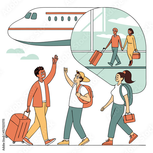 Diverse group of friends waving goodbye to travelers heading towards an airplane at the airport terminal with luggage