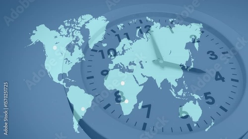 On clip starting clock hands rotating placing markers connecting then fading showing global network