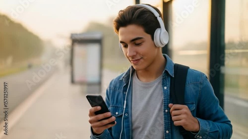 Teen with headphones nods to music while scrolling phone at dawn bus stop – relaxed morning commute
