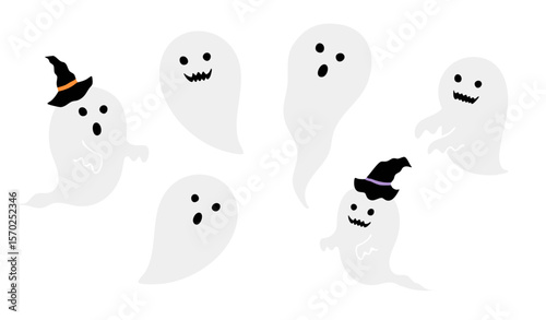 シンプルでかわいい白いお化けと魔女の帽子のおばけのイラストセット（ハロウィン 幽霊 魔女 帽子 ベクター）