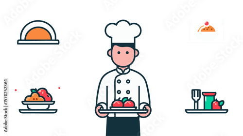 Chef illustration cooking food restaurant kitchen culinary gourmet recipe professional catering service