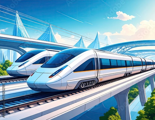 Futuristic trains on elevated tracks photo