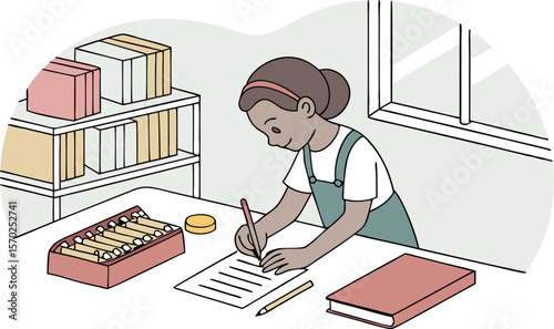 A young girl with dark skin and hair tied up sits at a desk diligently writing on a piece of paper with a pencil surrounded by books and art supplies