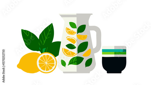 Fresh lemonade drink illustration with lemon slices pitcher and cup for healthy summer beverage design