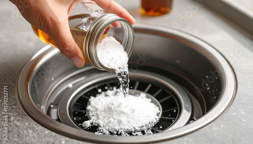 Hand Pouring Baking Soda Into Kitchen Sink Drain