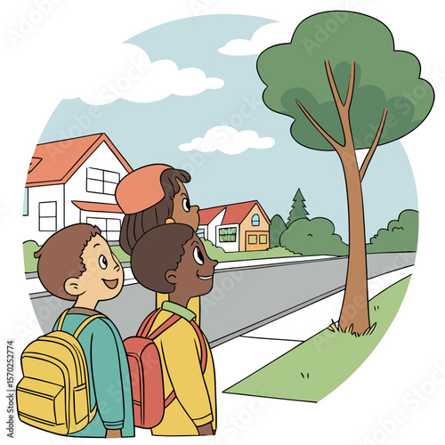 Three diverse children with backpacks looking up at a large tree on a sunny day in a suburban neighborhood