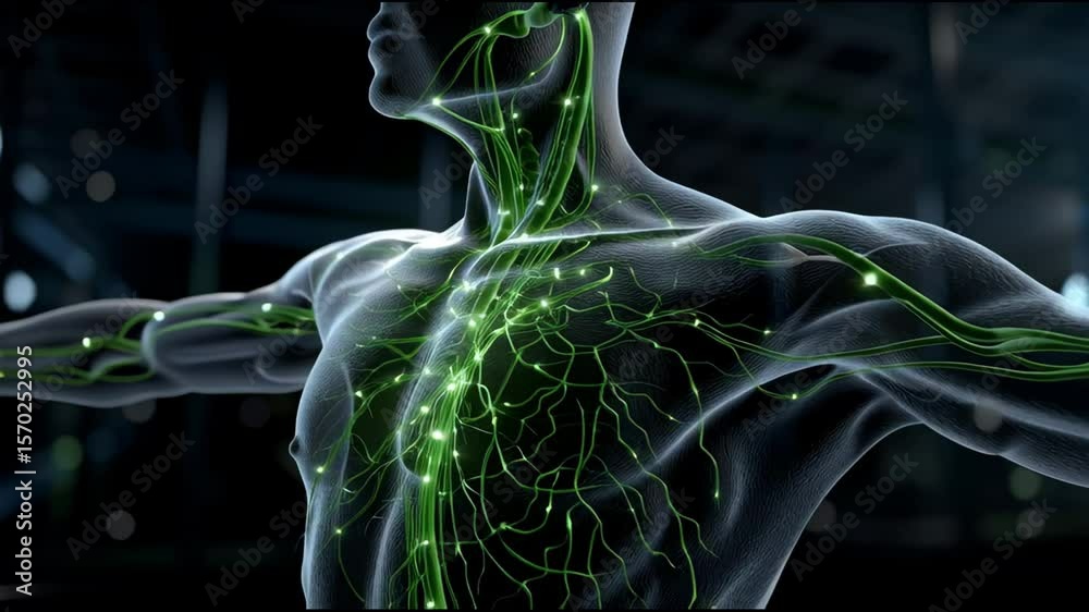 A man's body is shown with green veins and glowing green lines