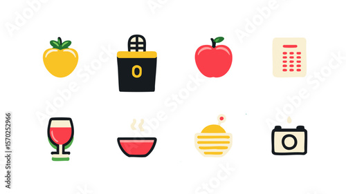 Vector icons set food drink objects camera calendar design elements for graphic design and web design