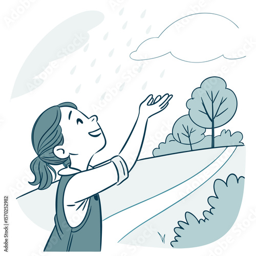 Joyful young girl with arms outstretched to catch raindrops falling from a cloudy sky in a scenic outdoor landscape