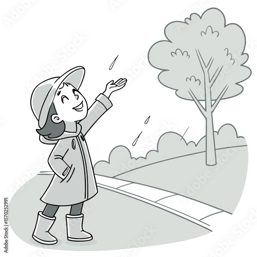 Joyful young girl wearing a raincoat and hat stands outside in the rain holding out her hand to catch raindrops with a tree and bushes in the background