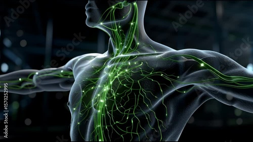A man's body is shown with green veins and glowing green lines