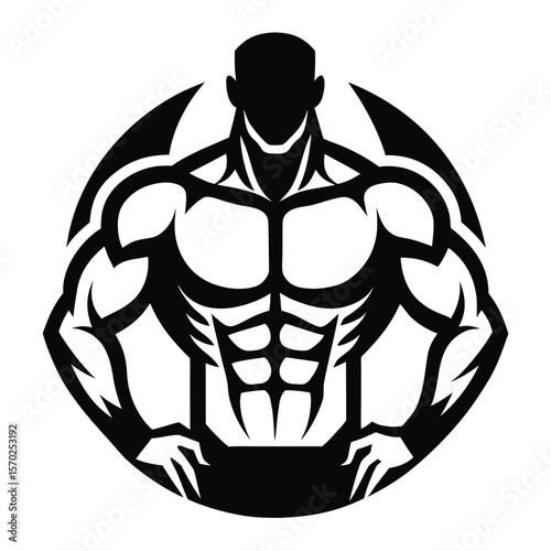Black and white illustration of a muscular male torso for fitness and sports designs