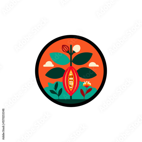 Illustration of cocoa plant with flower and clouds on orange background circle design vector graphic