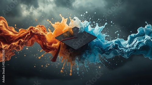 Black Graduation Cap Amidst Orange Blue Liquid Splashes image