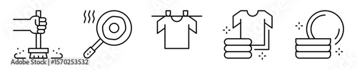 Conjunto de iconos de actividades del hogar. Tareas básicas para casa limpia. Barrer, cocinar, tender ropa, doblar ropa y platos limpios