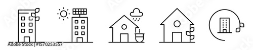 Conjunto de iconos de edificaciones sostenibles. Construcciones ecológicas. Edificio ecológico, panel solar, captación de lluvia, casa ecológica y etiqueta verde