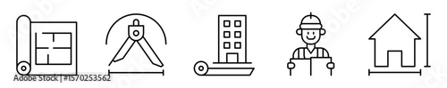 Conjunto de iconos de arquitectura y planos. Diseño y construcción de espacios. Plano, compás, maqueta, lectura de planos y casa con medidas