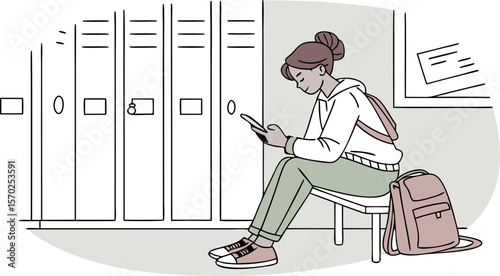 A young woman with her hair in a bun sits on a bench in a school hallway looking at her phone next to a row of lockers a backpack beside her