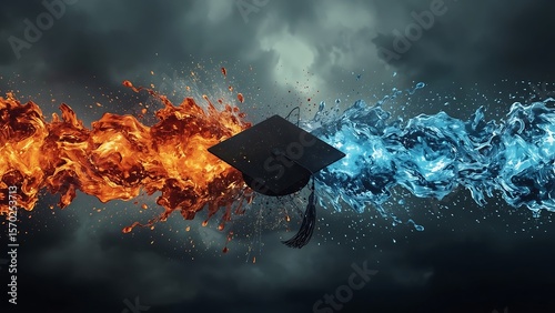 Black graduation cap suspended between fiery orange and icy blue splashes against dark sky fire water