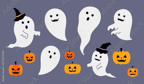 白いお化けと魔女の帽子のおばけ、ジャックオランタンのかわいいイラストセット（ハロウィン 幽霊 かぼちゃ 魔女 ベクター）