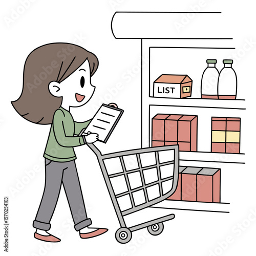 A cheerful cartoon woman with brown hair pushes a shopping cart while holding a checklist and looking at shelves stocked with groceries in a store
