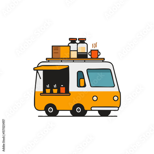 Illustration of a food truck coffee shop serving beverages and drinks on the street mobile cafe concept