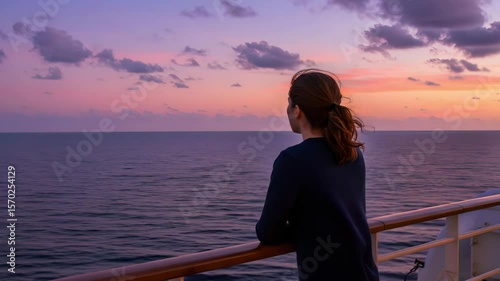 A woman in navy sweater watches the purple-orange sky alone on the cruise