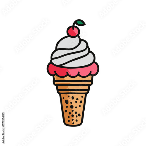 Ice cream cone with cherry vector illustration summer treat dessert sweet food graphic design element isolated