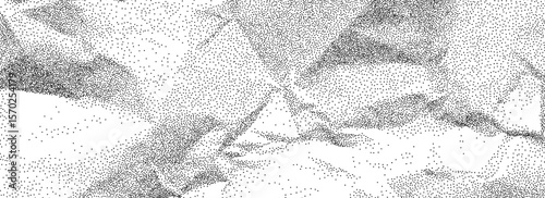 Black stippled crumpled paper texture. Dotted wrinkled effect background. Gritty creased paper sheet overlay. Aged damaged gritty surface. Noisy grain battered notebook page. Vector rough wallpaper