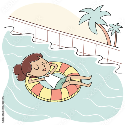 A cheerful young girl with brown hair tied in a bun relaxes on a colorful inflatable tube in a swimming pool on a sunny day