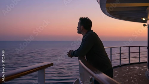 A man leaning on the cruise railing, staring quietly into the distant sea