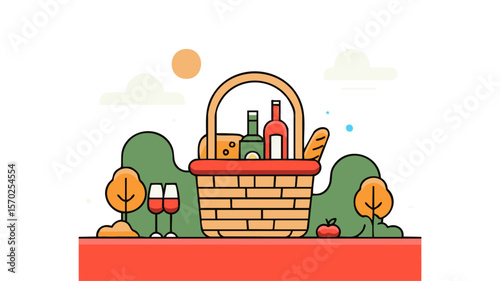 Picnic basket vector illustration with wine cheese and bread outdoor summer picnic time graphic design