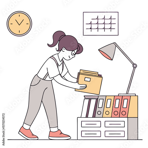 Young woman organizing files and folders on a shelf in an office with a clock and calendar on the wall