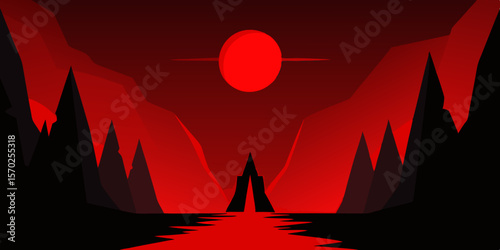 A vibrant red hot air balloon floats in the sunset sky over a serene sailboat on the ocean