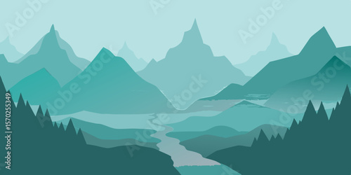 Snow-capped mountain peaks emerge from the morning mist, with a vibrant sunrise painting the sky over a serene forest landscape
