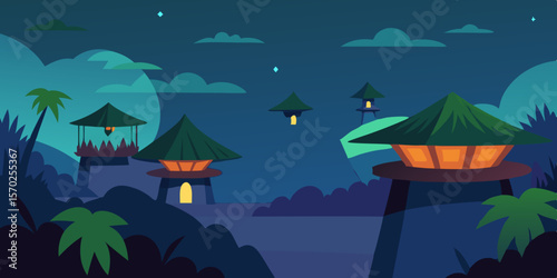 Halloween night castle landscape with tropical beach, ocean, and palm trees under a moonlit sky