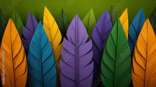 Vibrant Colorful Leaves in Various Shapes and Sizes Artfully Arranged on a Green Background for Nature Inspired Designs and Creative Projects
