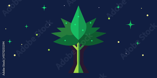 A vivid vector illustration captures a serene night sky adorned with stars, highlighting a lone tree amidst a harmonious natural landscape