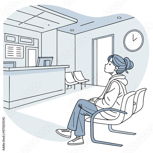 Woman sitting in waiting room with reception desk chairs and clock on the wall in a doctor office